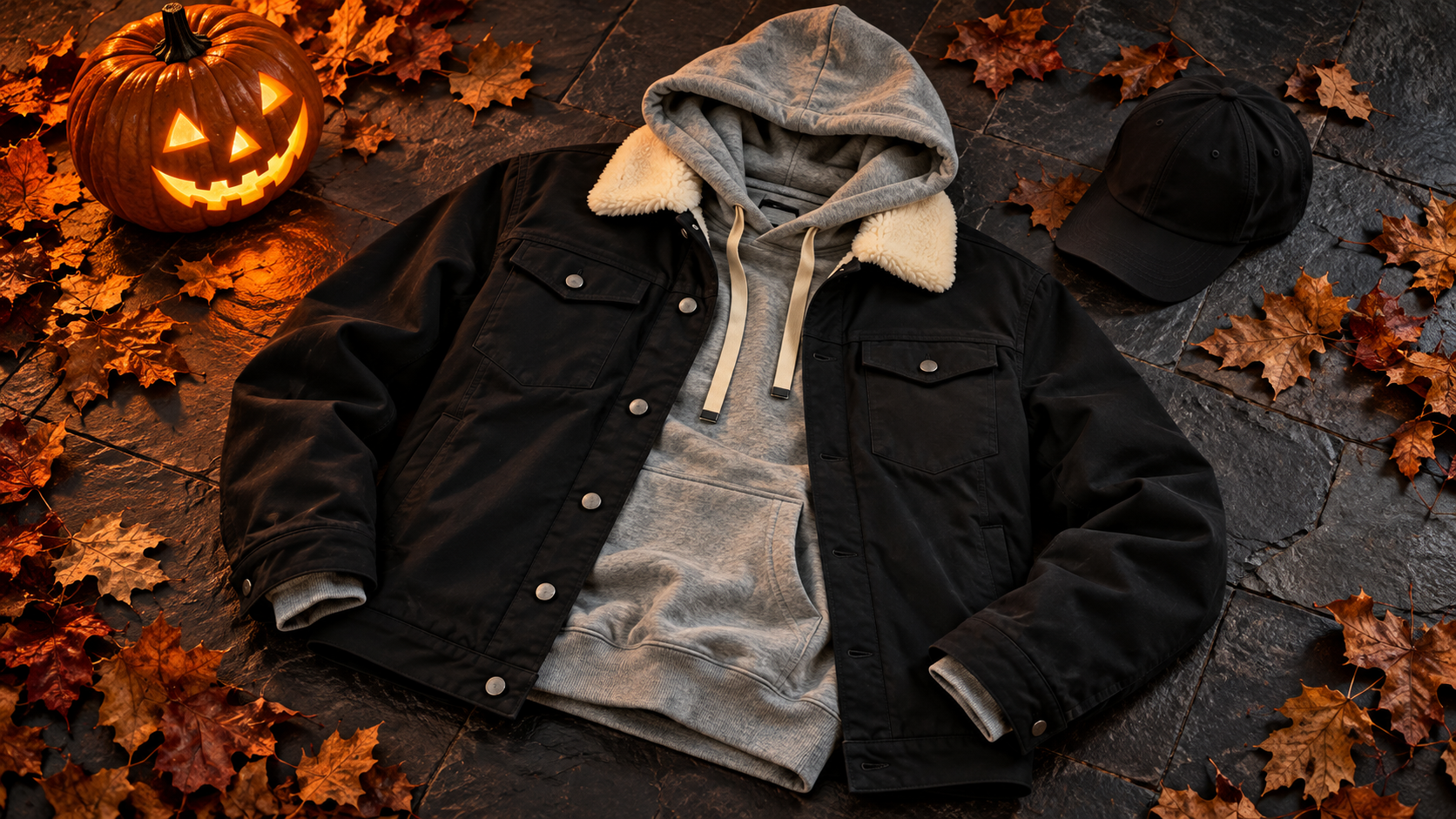 Halloween layered outfit with BG black sherpa-collar jacket