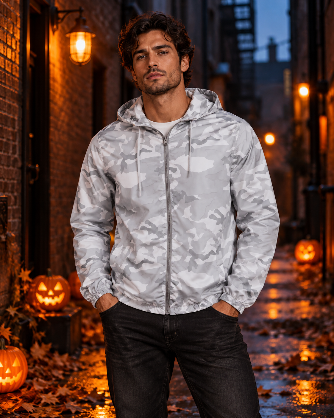 Halloween streetwear look with BG grey camouflage windbreaker