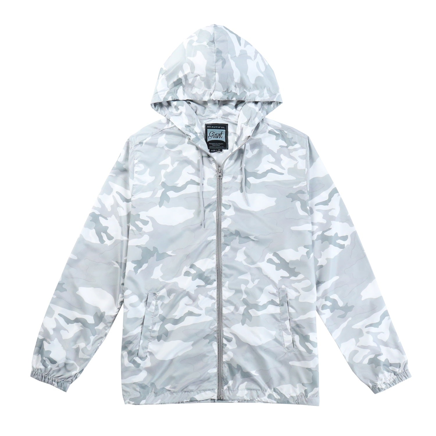 Men's  White  Camo  Hooded  Lightweight  Water  Resistant  Full  Zip  Up  Pockets  Windbreaker - Beautiful Giant