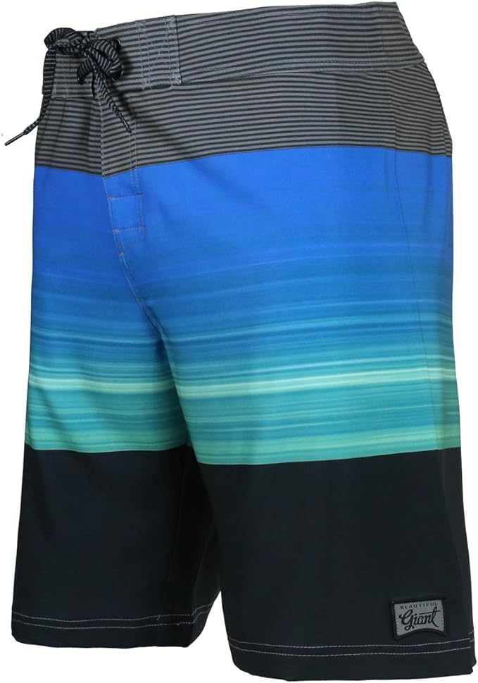 Men's Board Shorts in Grey, Light Blue, Green, & Black Stripes - Beautiful Giant