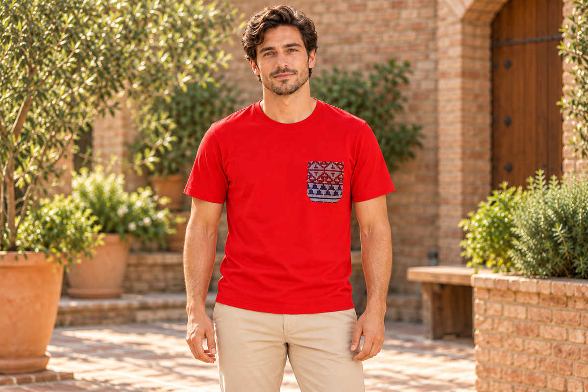 AI-generated BG editorial lifestyle: 215129-red in a natural urban setting; see original product photo.