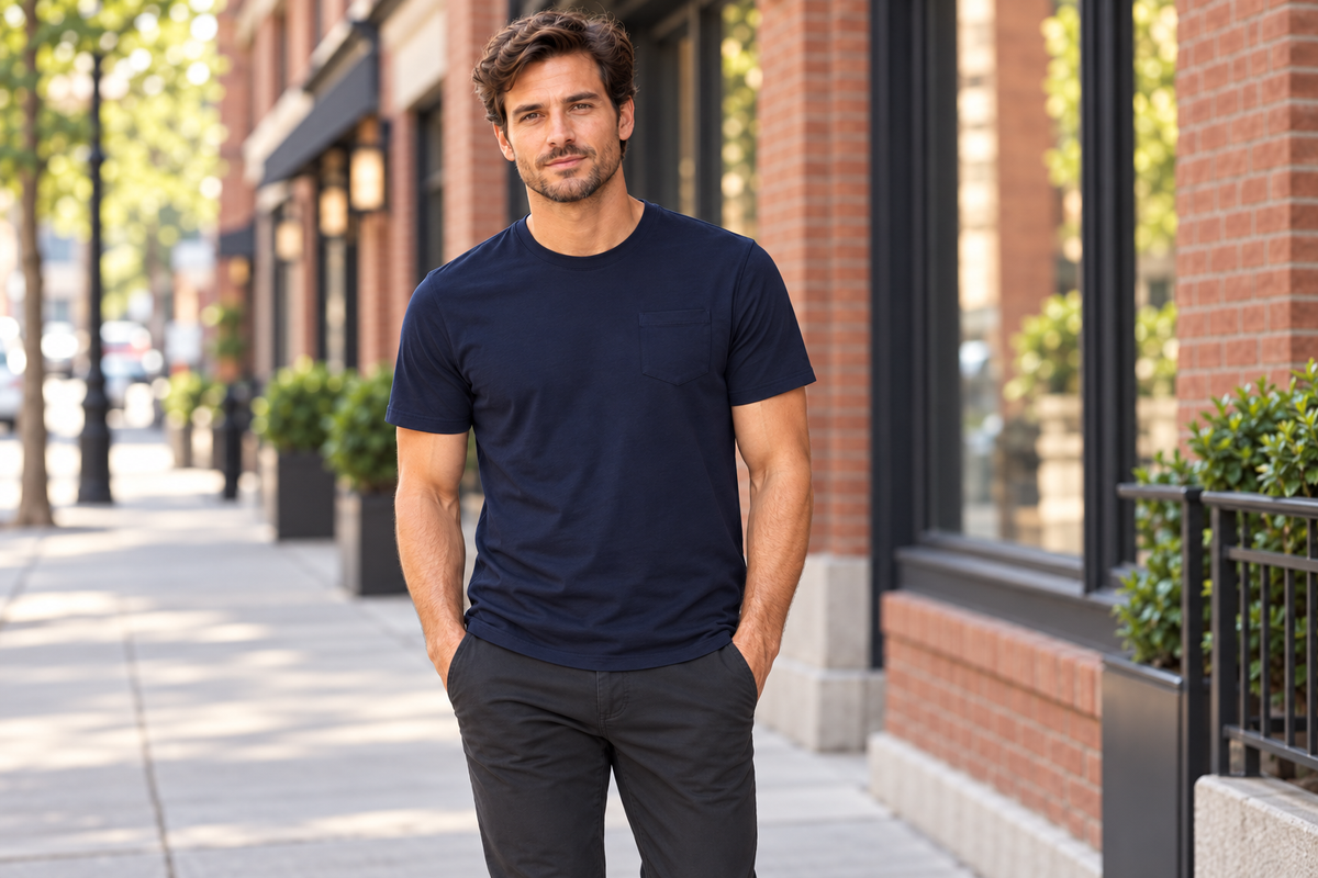 AI-generated BG editorial lifestyle: 219020-navy in a natural urban setting; see original product photo.