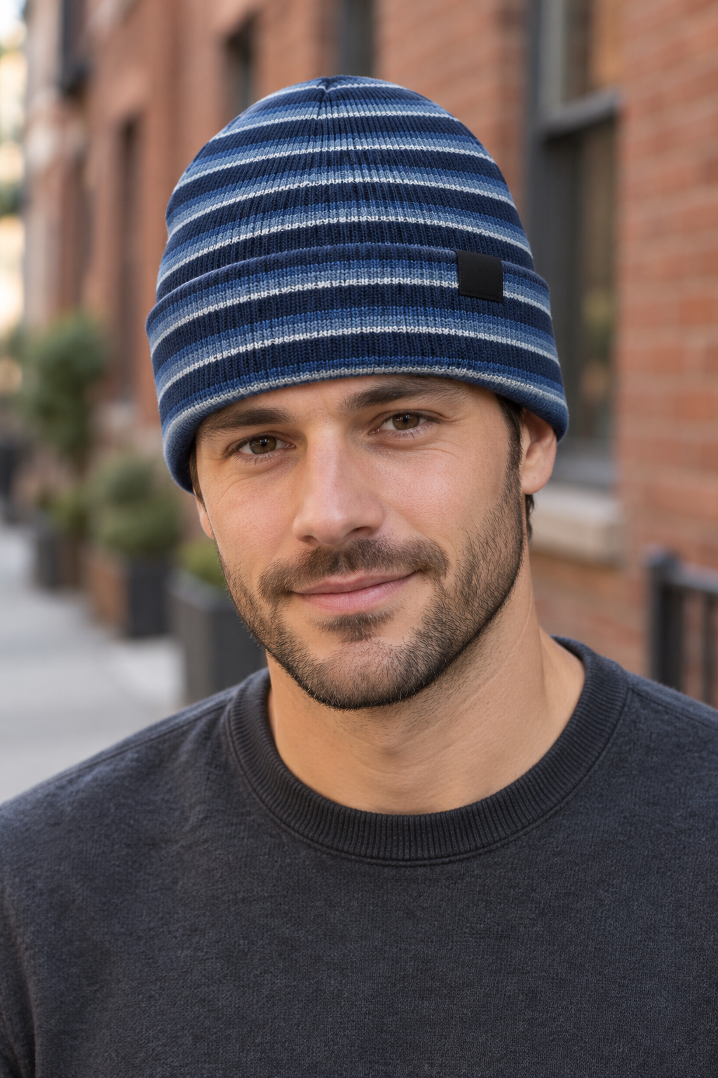 AI-generated BG editorial model: bgbeanie415-blue-bluestripe styling illustration; original product photo retained.