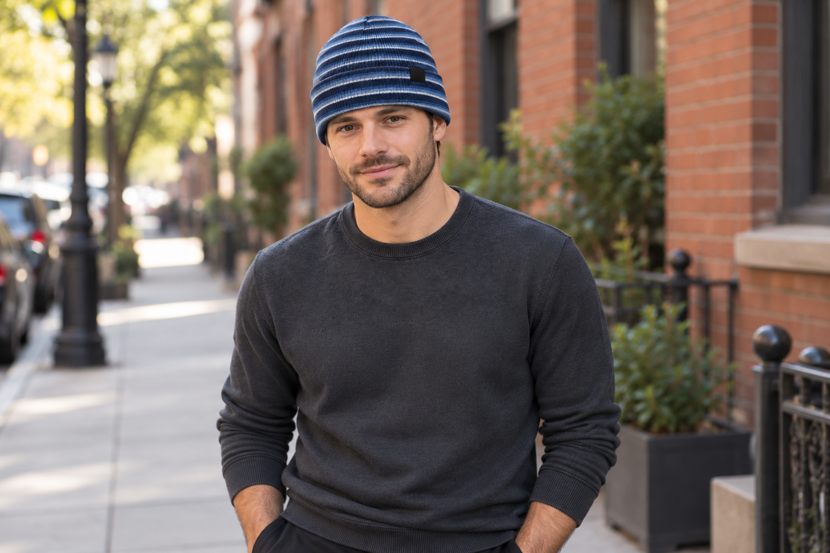 AI-generated BG editorial lifestyle: bgbeanie415-blue-bluestripe in a natural urban setting; see original product photo.