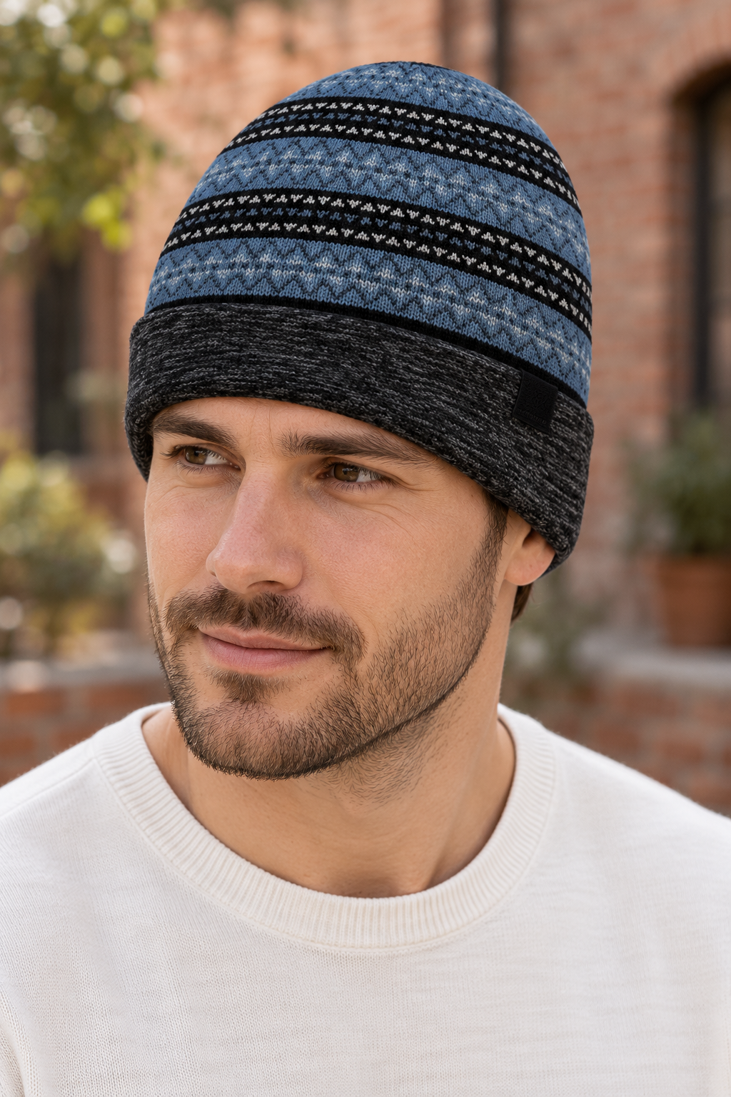 AI-generated BG editorial model: bgbeanie418-blue-bigbluestripe styling illustration; original product photo retained.