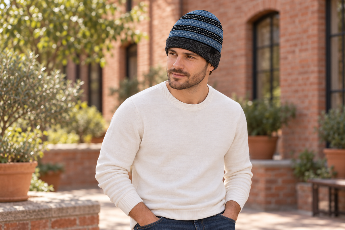 AI-generated BG editorial lifestyle: bgbeanie418-blue-bigbluestripe in a natural urban setting; see original product photo.