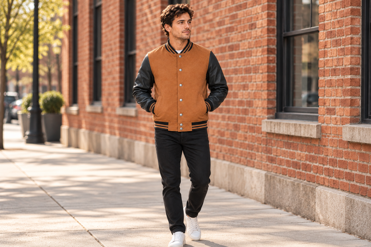 AI-generated BG editorial lifestyle: BGJKT071 Buck jacket on a warm brick city street. Styling illustration; see original product photograph.
