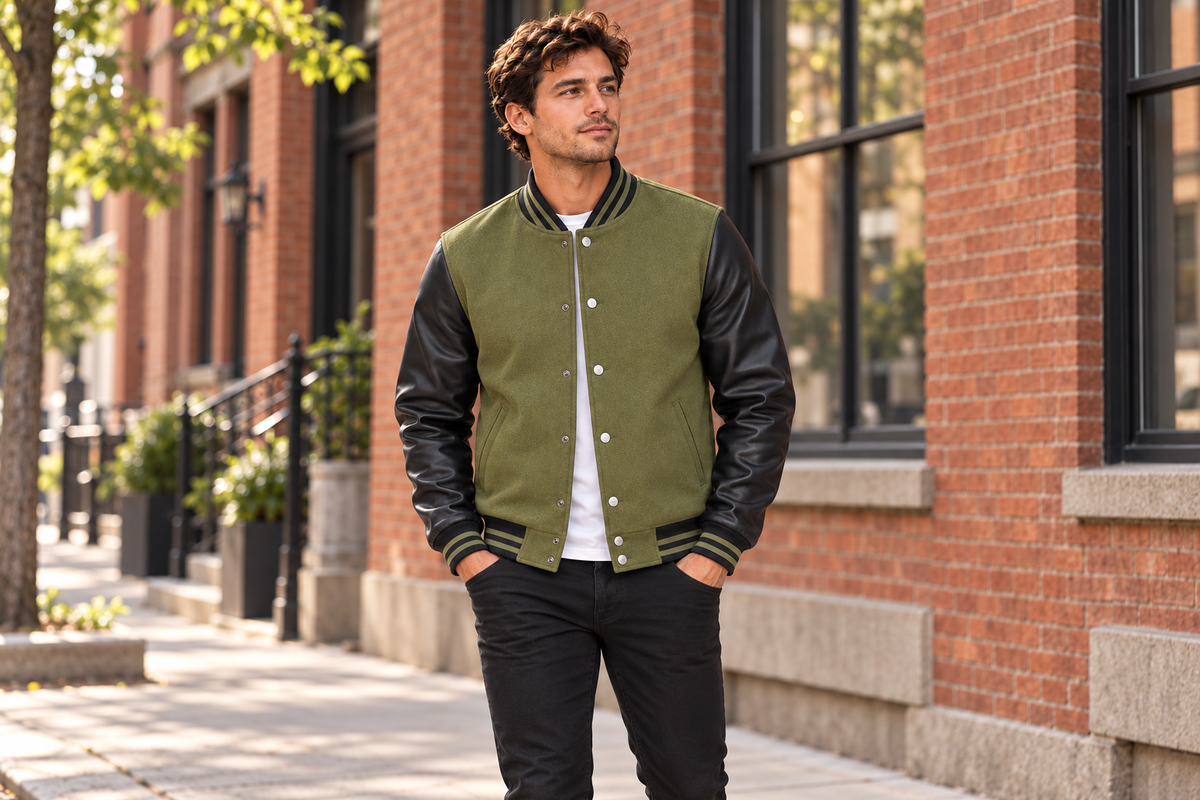 AI-generated BG editorial lifestyle: BGJKT071 Olive jacket on a warm brick city street. Styling illustration; see original product photograph.