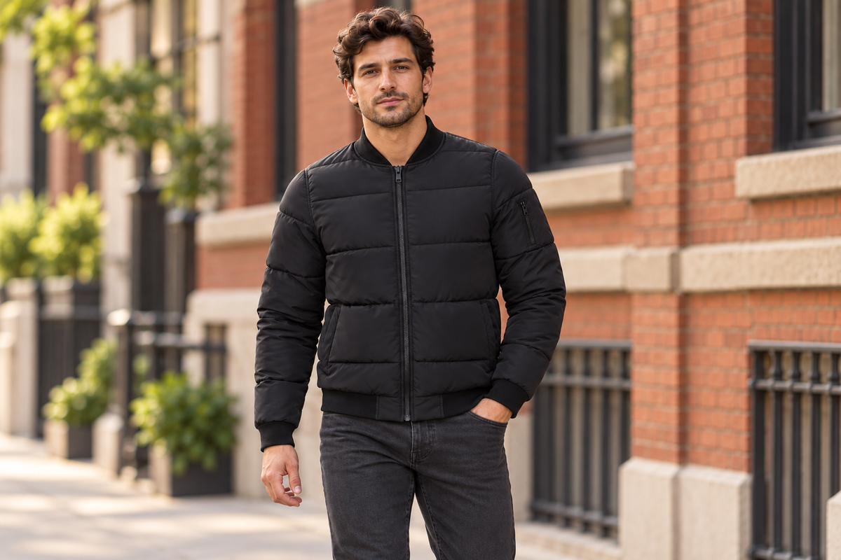 AI-generated BG editorial lifestyle: bgjktrn003-black in a natural urban setting; see original product photo.