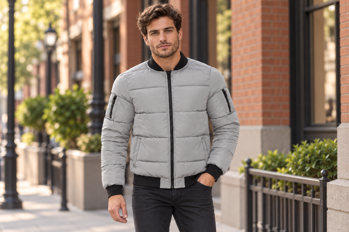 AI-generated BG editorial lifestyle: bgjktrn003-gray in a natural urban setting; see original product photo.