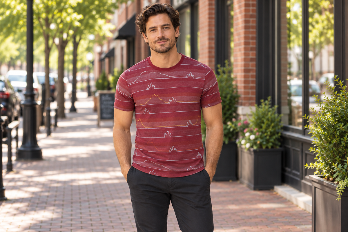 AI-generated BG editorial lifestyle: bgkt7108-oxblood in a natural urban setting; see original product photo.