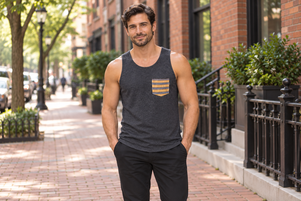 AI-generated BG editorial lifestyle: bgkt7133t-greymustnavyjac in a natural urban setting; see original product photo.