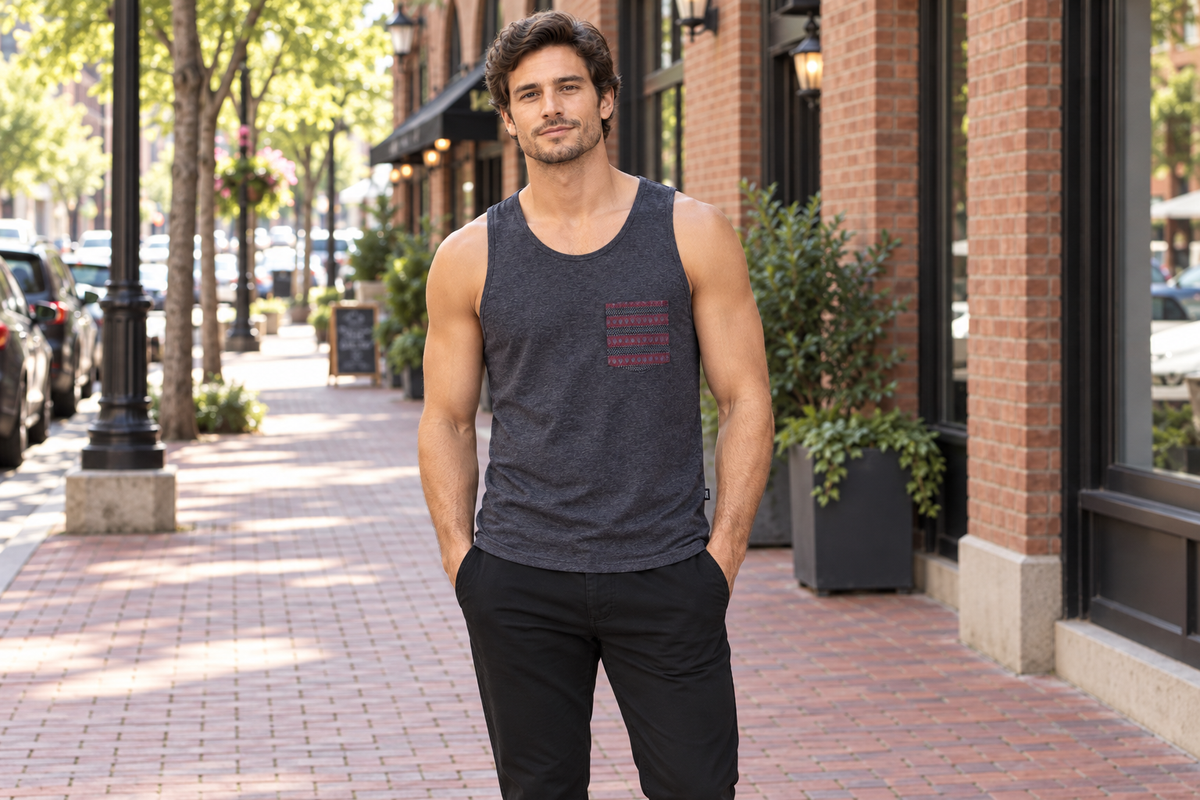 AI-generated BG editorial lifestyle: bgkt7133t-oxbloodcharcoaljac in a natural urban setting; see original product photo.