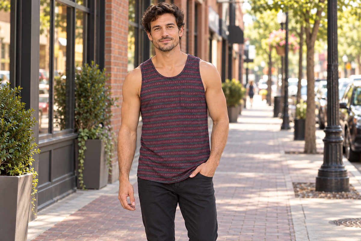 AI-generated BG editorial lifestyle: bgkt7141t-oxbloodcharcoaljac in a natural urban setting; see original product photo.