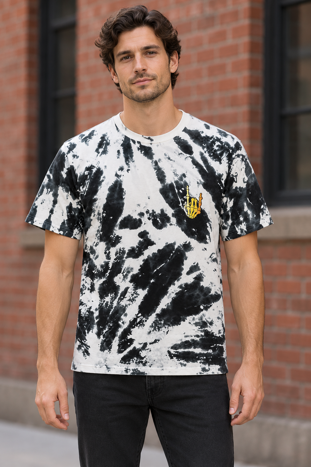 AI-generated BG editorial model: bgkt7500-blackoffwhitetiedye styling illustration; original product photo retained.