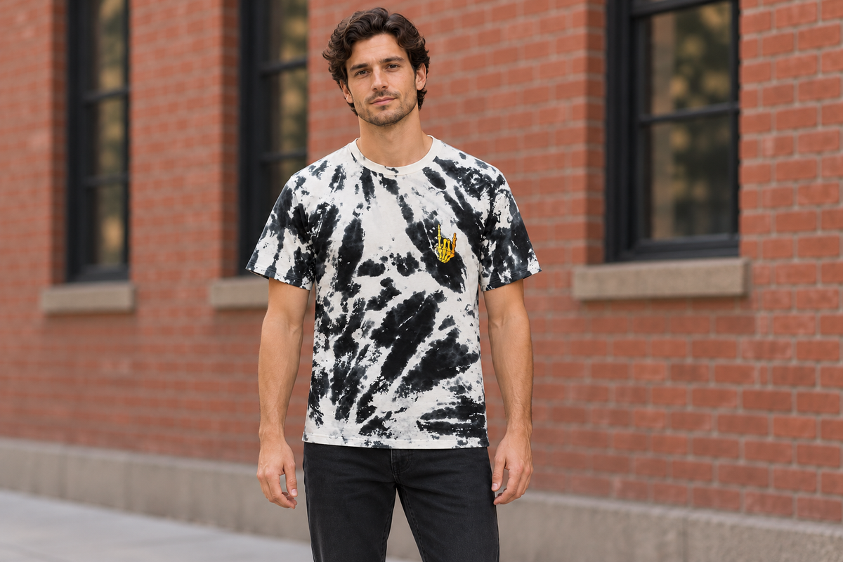 AI-generated BG editorial lifestyle: bgkt7500-blackoffwhitetiedye in a natural urban setting; see original product photo.