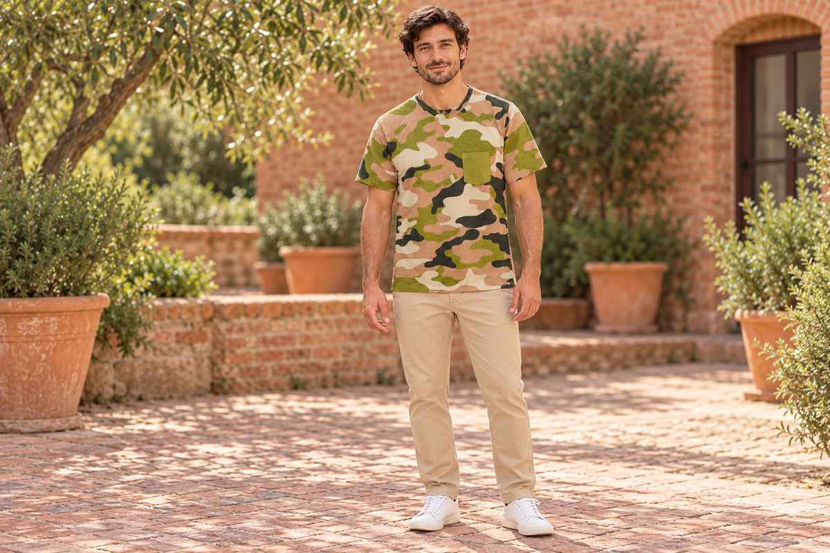 AI-generated BG editorial lifestyle: bgkt7502-woodlandcamo in a natural urban setting; see original product photo.