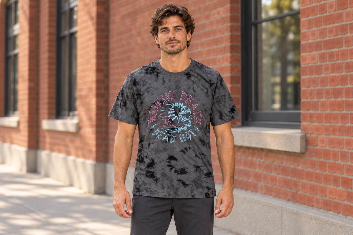 AI-generated BG editorial lifestyle: bgkt7510-blacktiedye in a natural urban setting; see original product photo.