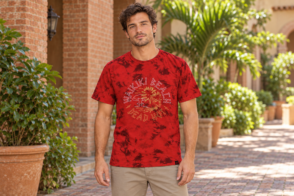 AI-generated BG editorial lifestyle: bgkt7510-deepredtiedye in a natural urban setting; see original product photo.