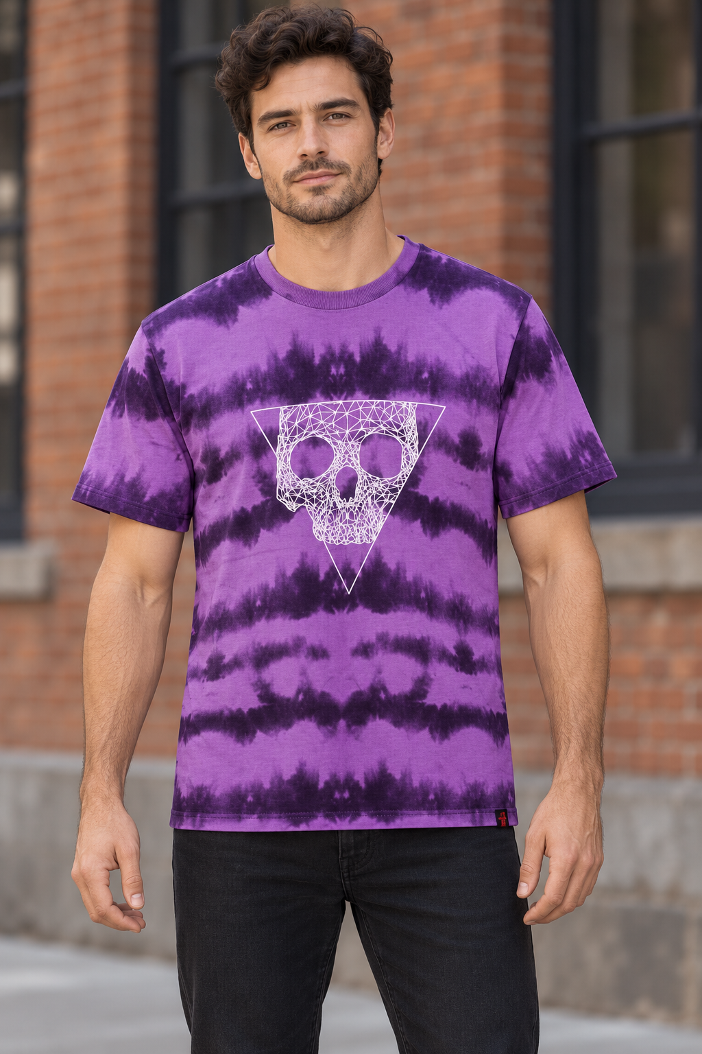 AI-generated BG editorial model: bgkt7511-purpletiedye styling illustration; original product photo retained.