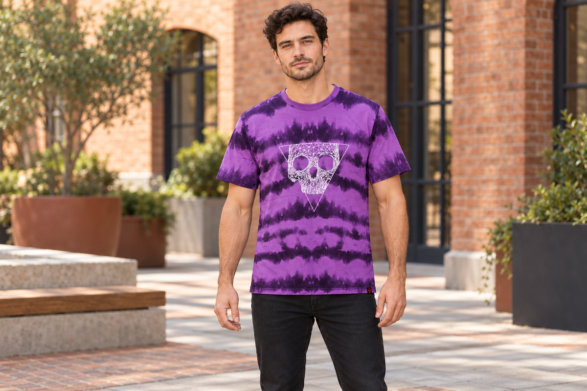 AI-generated BG editorial lifestyle: bgkt7511-purpletiedye in a natural urban setting; see original product photo.