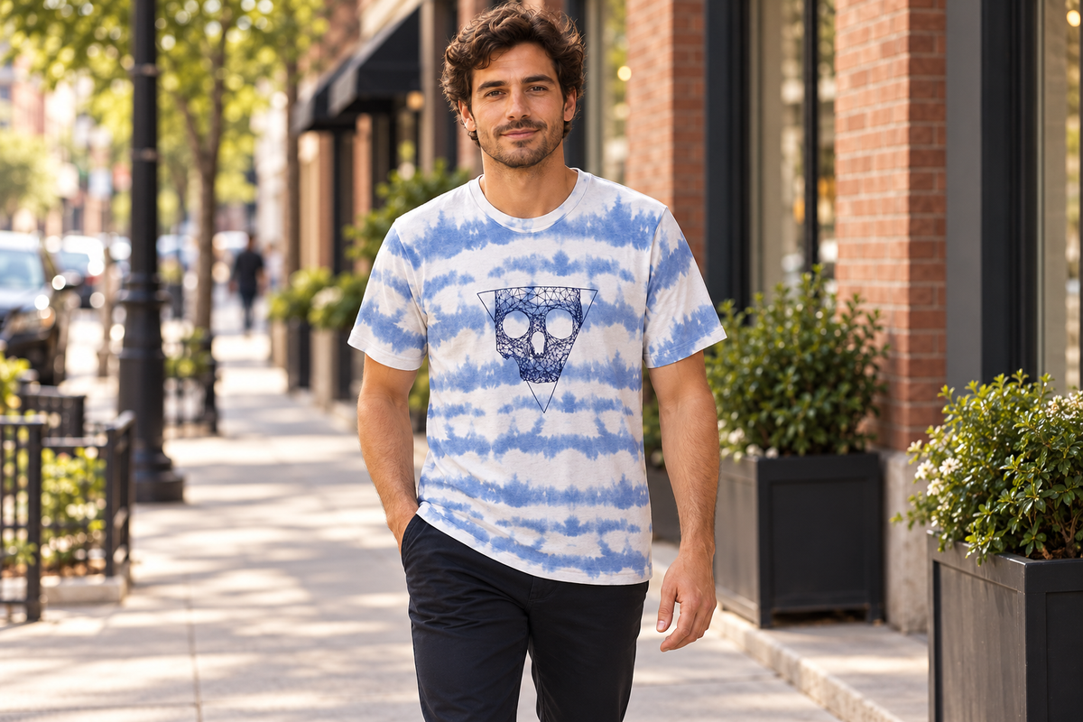 AI-generated BG editorial lifestyle: bgkt7511-whitetiedye in a natural urban setting; see original product photo.
