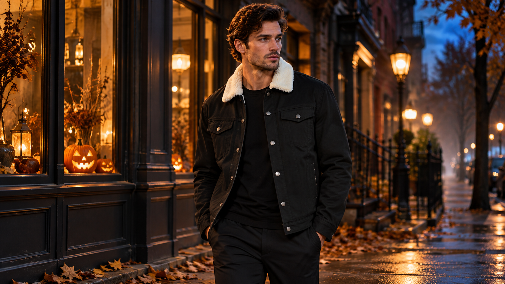 Halloween evening styling with a black sherpa-collar jacket