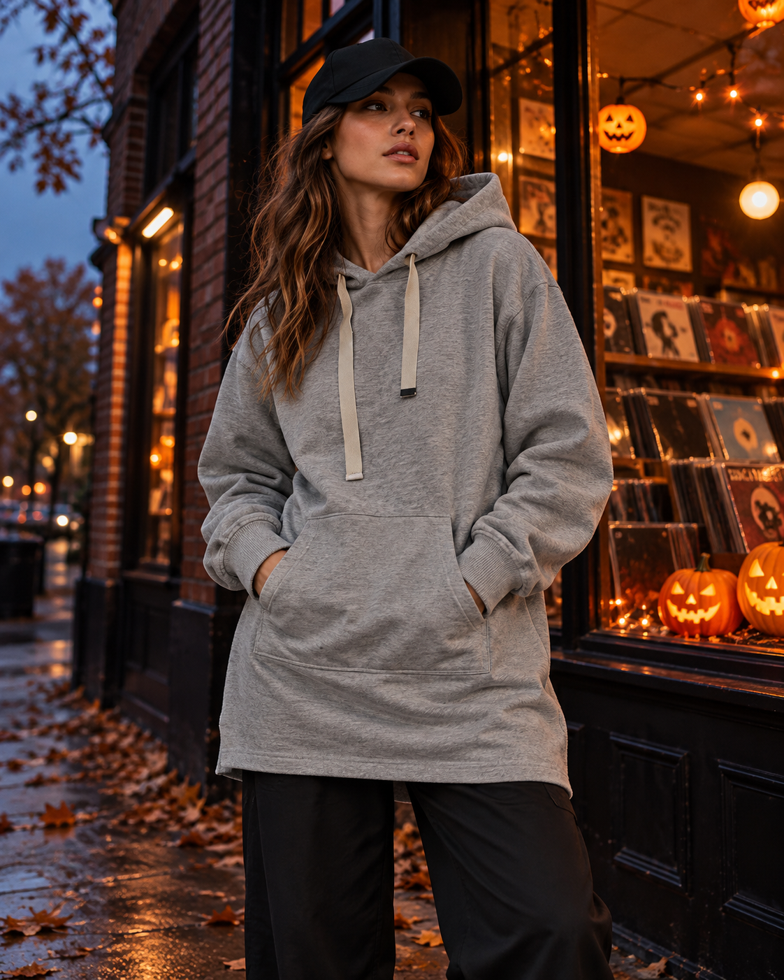 Halloween evening look with BG grey oversized pullover hoodie