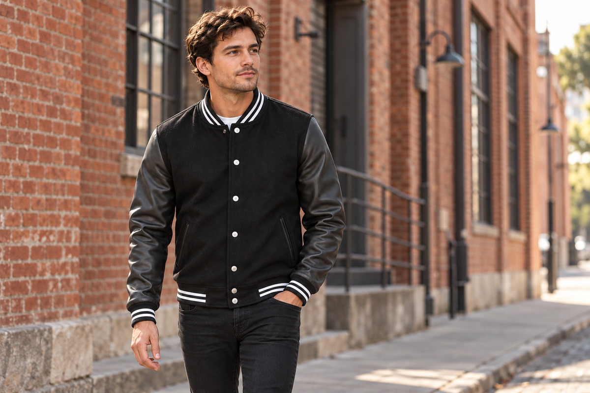 Contrast Sleeve Varsity Jacket – Black