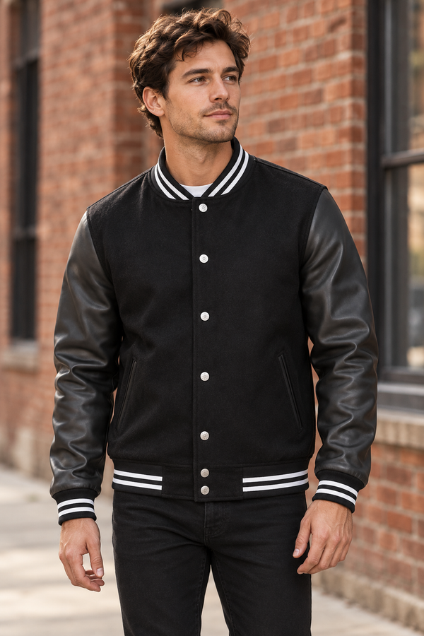 Contrast Sleeve Varsity Jacket – Black