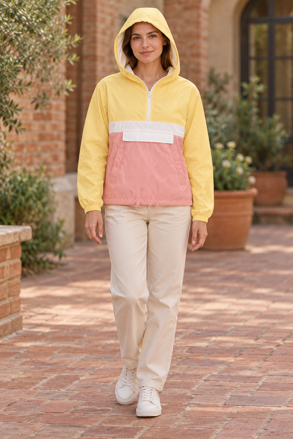 AI-generated BG editorial model: twbjkt047-yellowpinkwht styling illustration; original product photo retained.