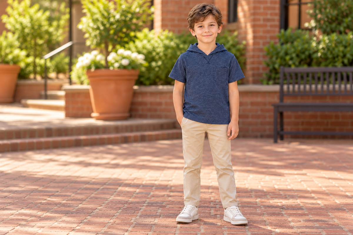 AI-generated BG editorial lifestyle: yf717-b-navy in a natural urban setting; see original product photo.