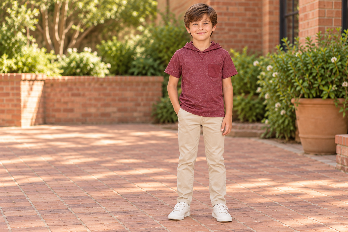 AI-generated BG editorial lifestyle: yf717-b-oxblood in a natural urban setting; see original product photo.