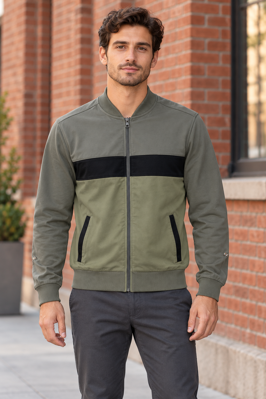 AI-generated BG editorial model: yf8j03-army styling illustration; original product photo retained.