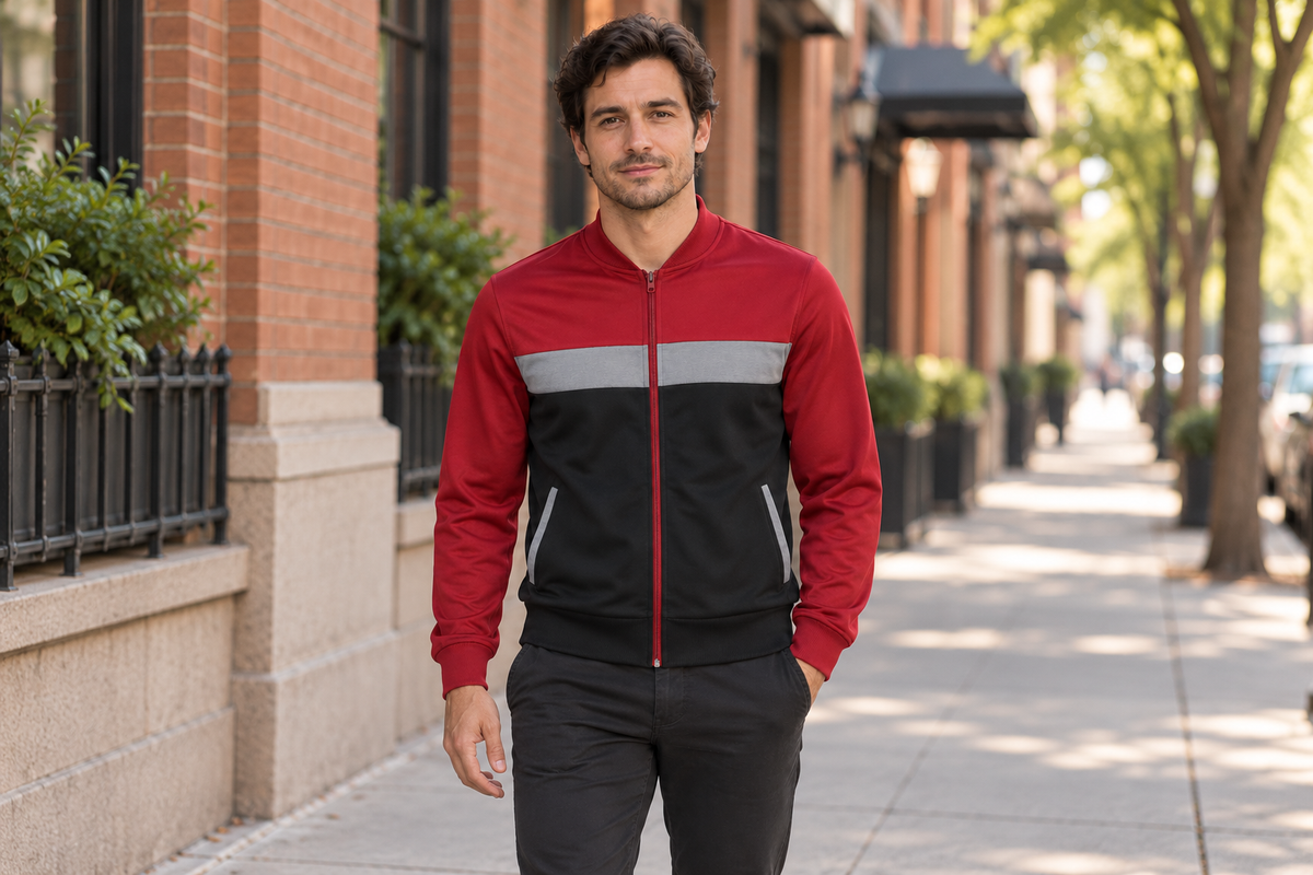 AI-generated BG editorial lifestyle: yf8j03-blackoxblood in a natural urban setting; see original product photo.