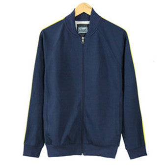 Men's-Full-Zip---Warm-Up-Color-Block-Sleeve?Stripe-Knit-Jacket-(YF9J01-NAVY/YELLOW) - Beautiful Giant