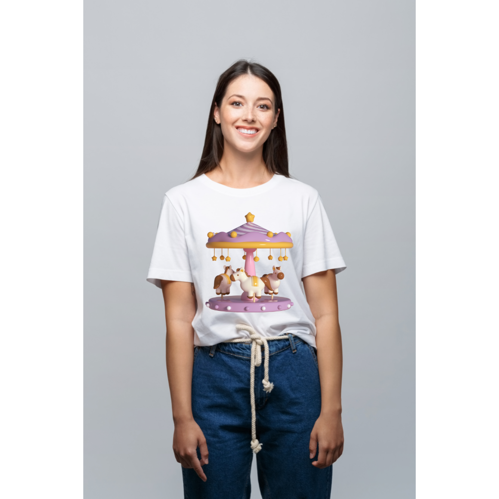 Women's Fashion Casual Round Neck T-Shirt Top Romantic Carousel Cute Cartoon Simple Pattern - Beautiful Giant