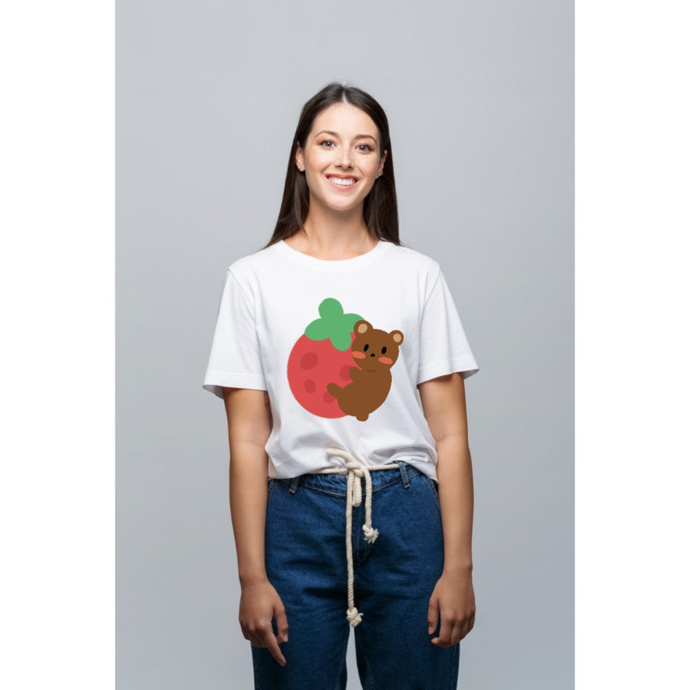 Women's Fashion Casual Round Neck T-Shirt Top Strawberry Bear Cute Simple Cartoon Pattern - Beautiful Giant