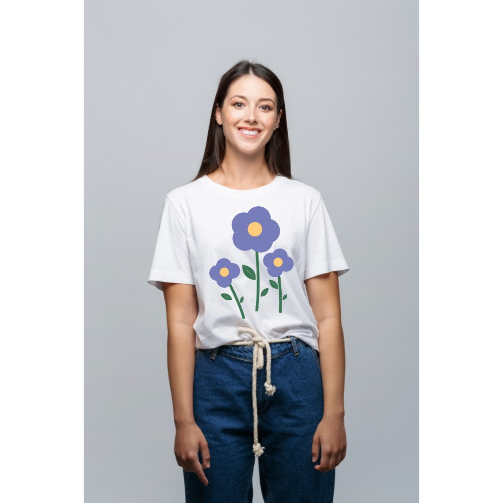 Women's fashion casual round neck T-shirt top literary flowers cute cartoon pattern - Beautiful Giant